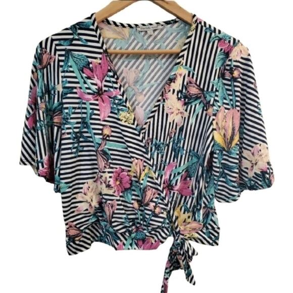 Charlotte Russe Y2K Crop Top Blouse Womens Medium Black Striped Floral Tie Boho - Picture 1 of 8